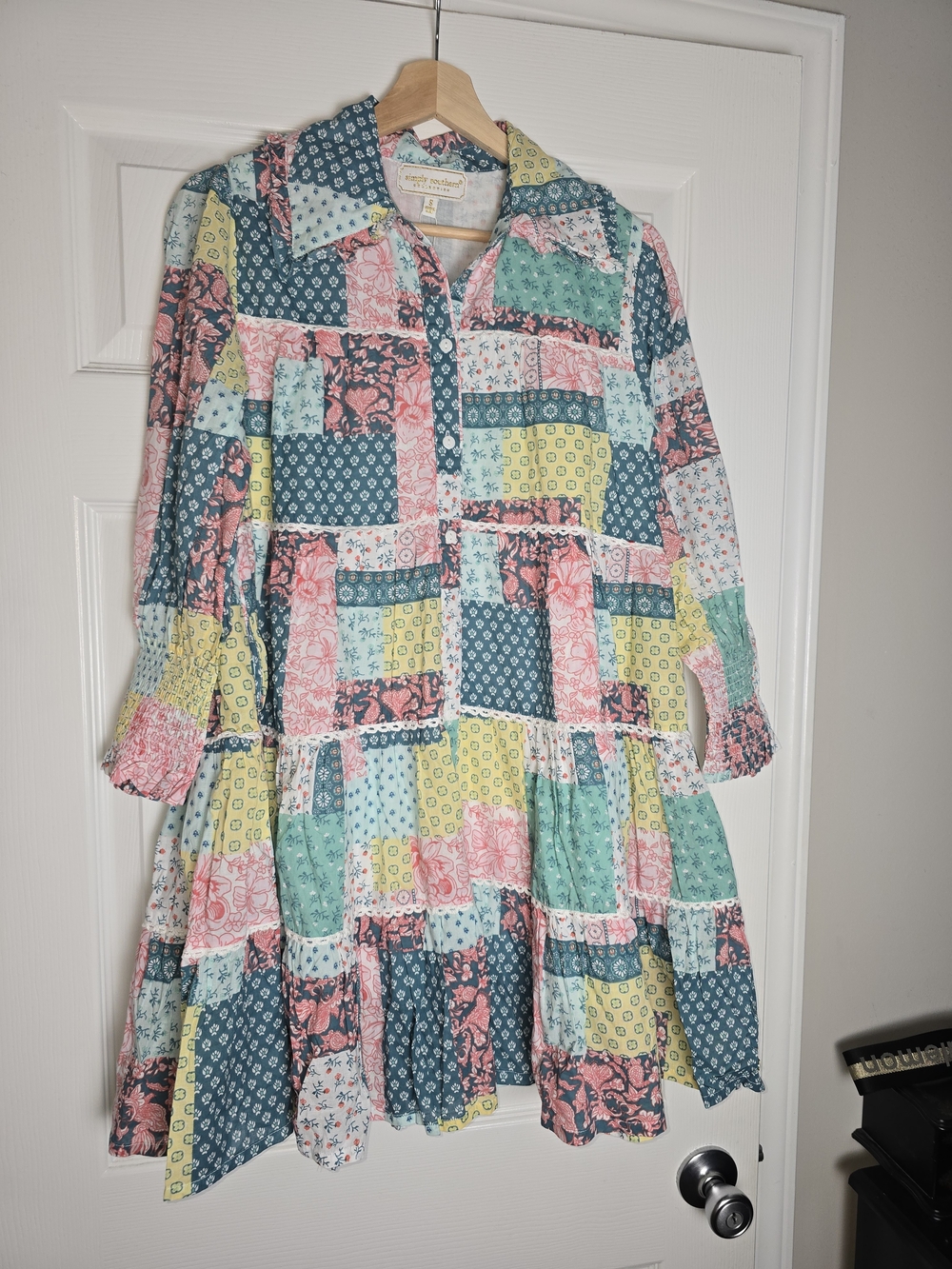 Simply Southern Patchwork Tiered Button-Front Dress in Multicolor Size Small - Picture 2 of 10
